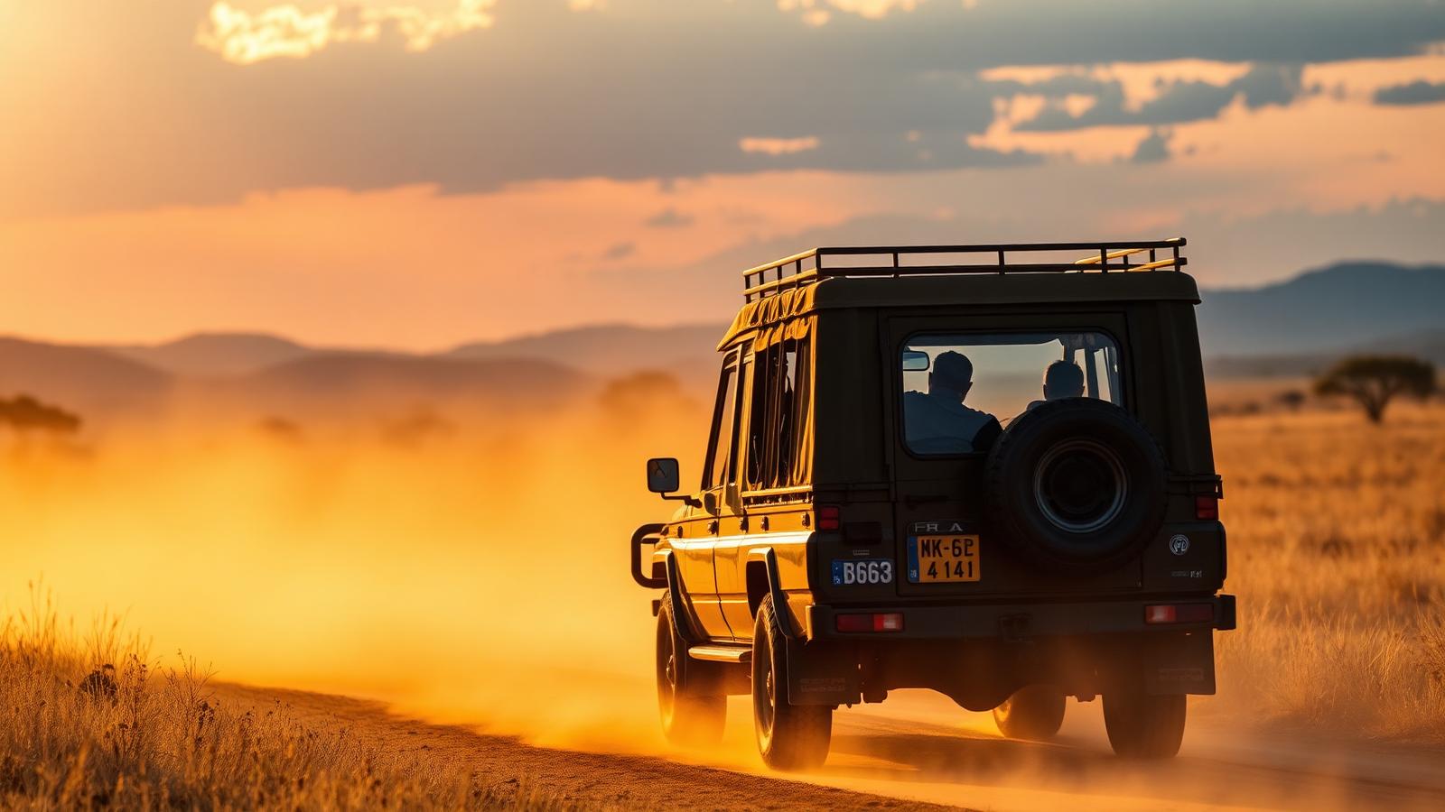 Safari vehicle on a savanna track at sunrise